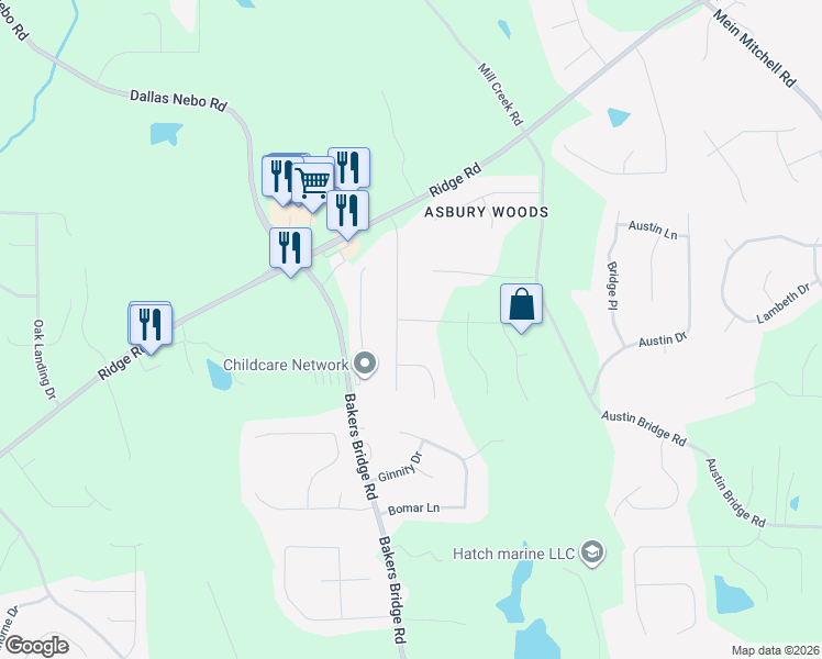 map of restaurants, bars, coffee shops, grocery stores, and more near 58 Shelby Lane in Hiram