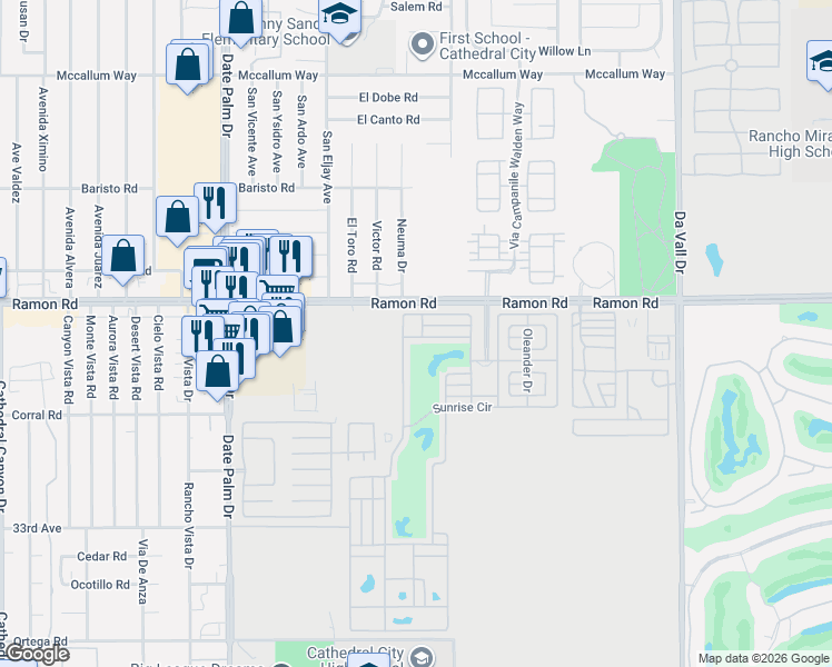 map of restaurants, bars, coffee shops, grocery stores, and more near Golf Course Drive in Cathedral City