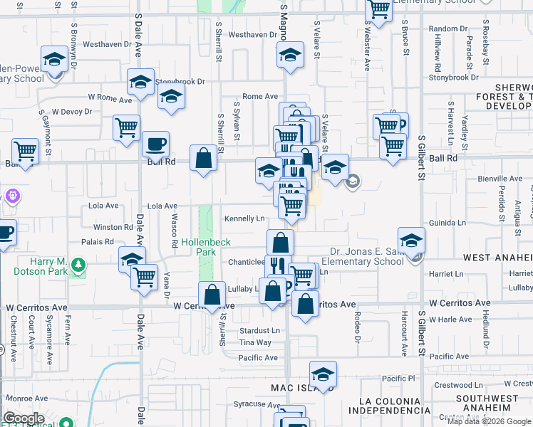 map of restaurants, bars, coffee shops, grocery stores, and more near 8921 Kennelly Lane in Anaheim