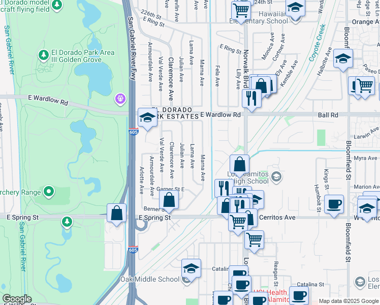 map of restaurants, bars, coffee shops, grocery stores, and more near 3201 Lama Avenue in Long Beach