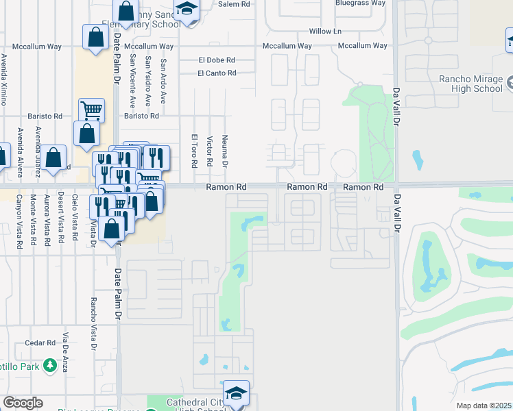 map of restaurants, bars, coffee shops, grocery stores, and more near 69411 Ramon Road in Cathedral City
