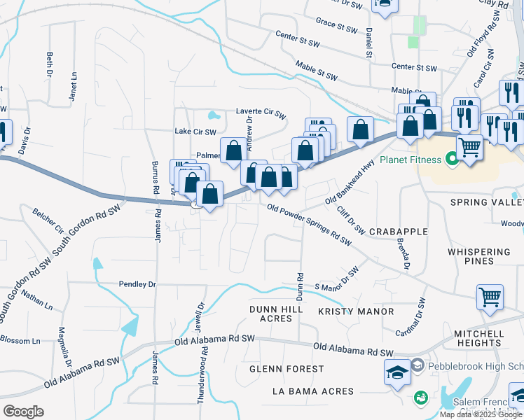 map of restaurants, bars, coffee shops, grocery stores, and more near 1291 Old Powder Springs Road Southwest in Mableton