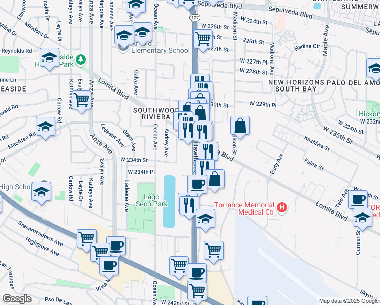 map of restaurants, bars, coffee shops, grocery stores, and more near 23305 Hawthorne Boulevard in Torrance