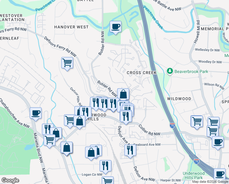 map of restaurants, bars, coffee shops, grocery stores, and more near 2103 Bohler Road Northwest in Atlanta