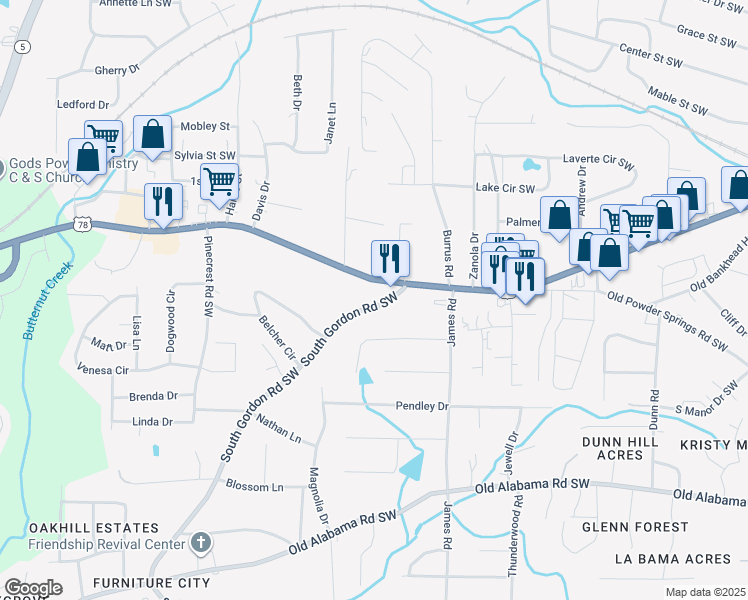 map of restaurants, bars, coffee shops, grocery stores, and more near 5723 South Gordon Road Southwest in Austell
