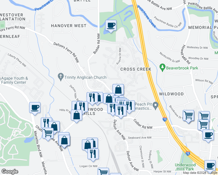 map of restaurants, bars, coffee shops, grocery stores, and more near 2105 Bohler Road Northwest in Atlanta