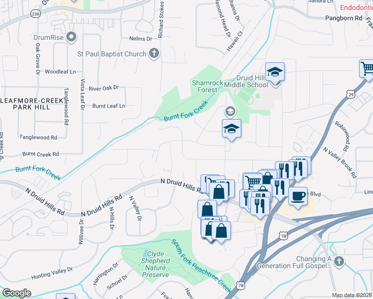 map of restaurants, bars, coffee shops, grocery stores, and more near 2660 Laurel Ridge Drive in Decatur