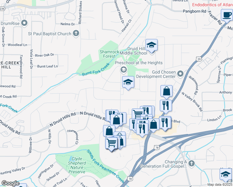 map of restaurants, bars, coffee shops, grocery stores, and more near 2735 Shetland Drive in Decatur