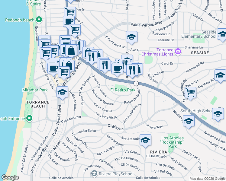 map of restaurants, bars, coffee shops, grocery stores, and more near 160 Vista Del Parque in Redondo Beach