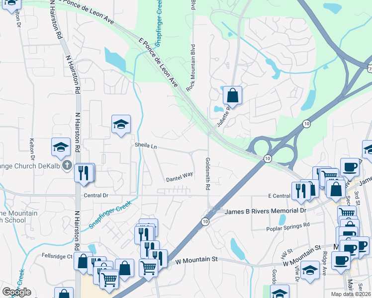 map of restaurants, bars, coffee shops, grocery stores, and more near 4999 Sheila Lane in Stone Mountain