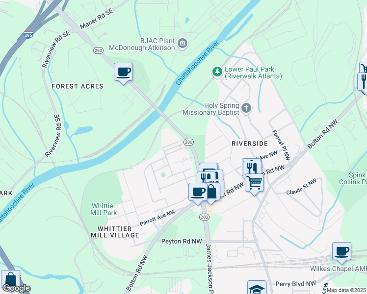 map of restaurants, bars, coffee shops, grocery stores, and more near 2142 James Jackson Parkway Northwest in Atlanta