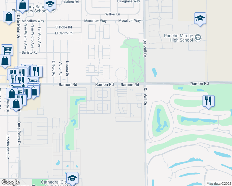 map of restaurants, bars, coffee shops, grocery stores, and more near 69801 Ramon Road in Cathedral City