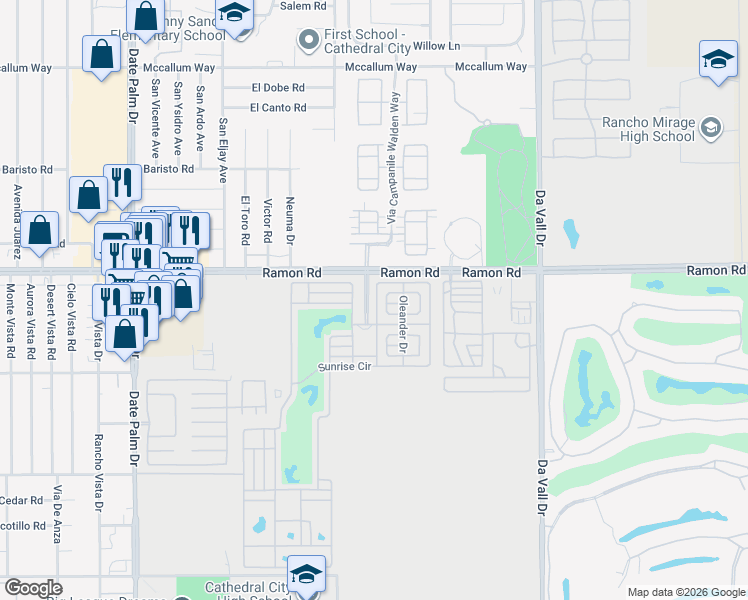 map of restaurants, bars, coffee shops, grocery stores, and more near 69411 Ramon Road in Cathedral City