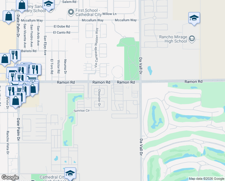 map of restaurants, bars, coffee shops, grocery stores, and more near 69801 Ramon Road in Cathedral City