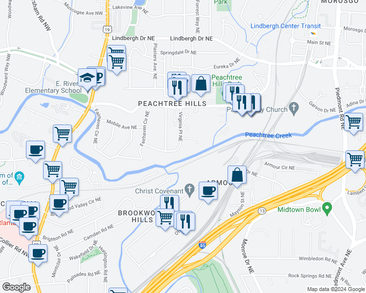 map of restaurants, bars, coffee shops, grocery stores, and more near 2197 Virginia Place Northeast in Atlanta