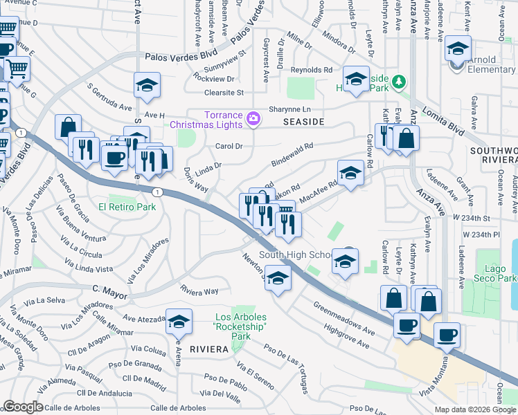 map of restaurants, bars, coffee shops, grocery stores, and more near 5215 Doris Way in Torrance