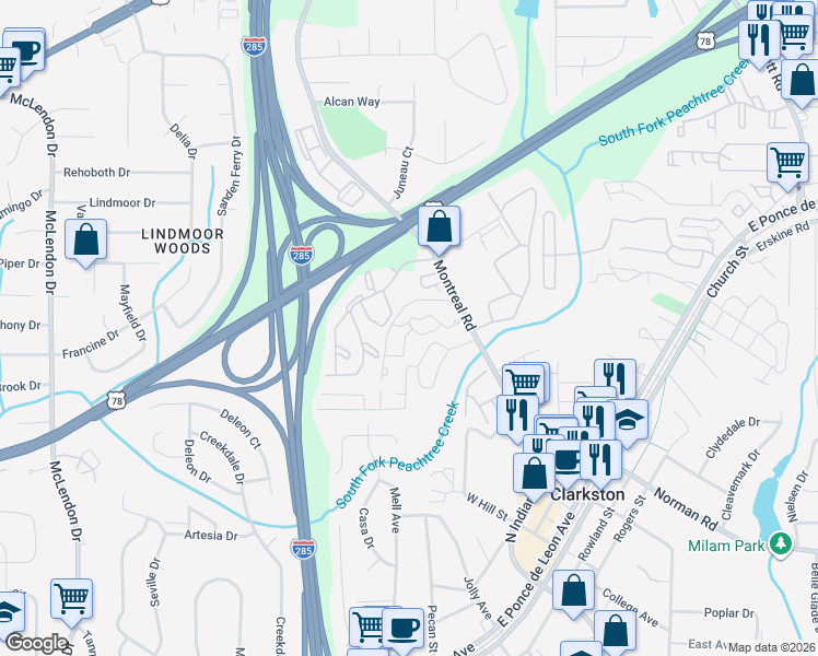 map of restaurants, bars, coffee shops, grocery stores, and more near 1086 Montreal Road in Clarkston