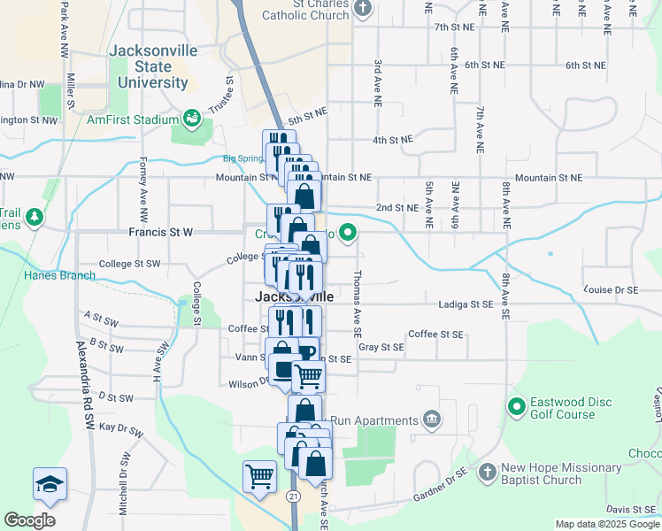 map of restaurants, bars, coffee shops, grocery stores, and more near 304 Clinton Street Southwest in Jacksonville