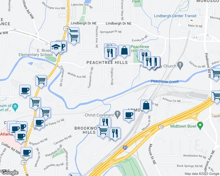 map of restaurants, bars, coffee shops, grocery stores, and more near 2196 Virginia Place Northeast in Atlanta