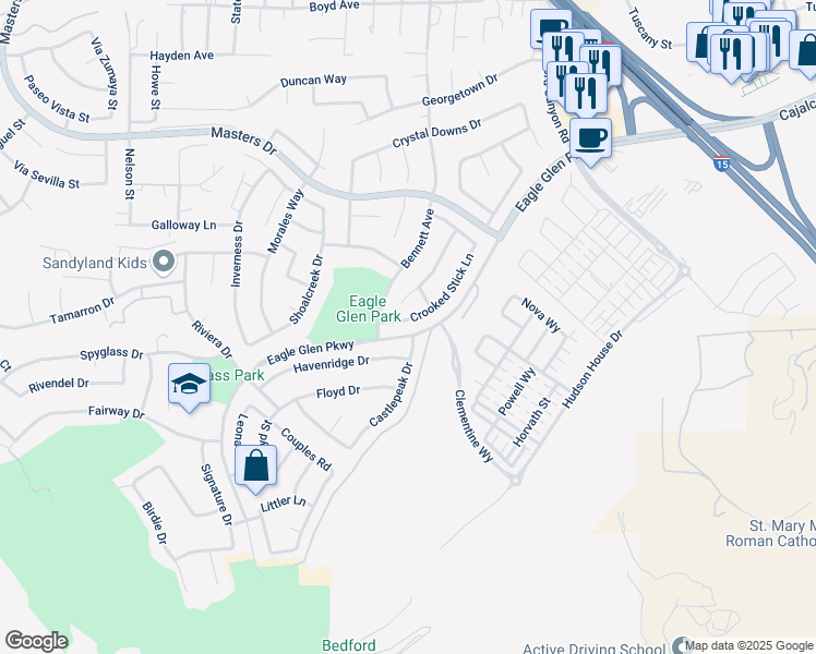 map of restaurants, bars, coffee shops, grocery stores, and more near 4179 Crooked Stick Lane in Corona