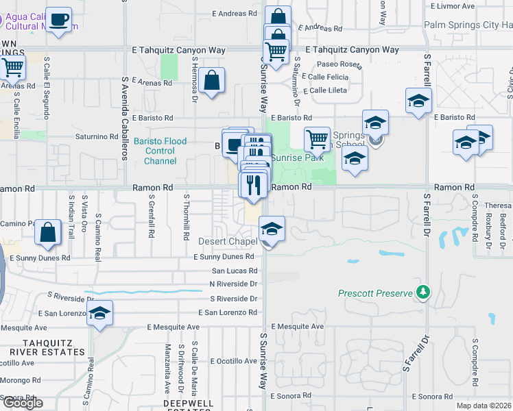 map of restaurants, bars, coffee shops, grocery stores, and more near 555 South Sunrise Way in Palm Springs