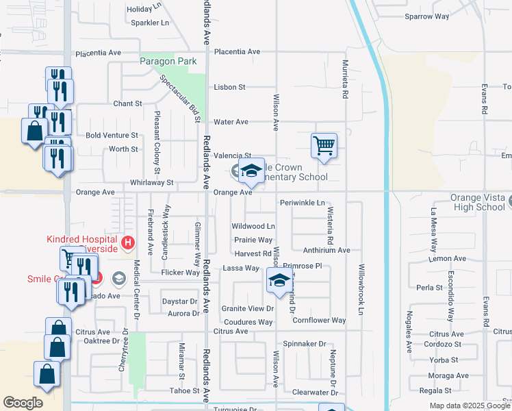 map of restaurants, bars, coffee shops, grocery stores, and more near 2362 Summerhill Court in Perris