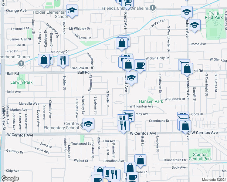 map of restaurants, bars, coffee shops, grocery stores, and more near 3577 West Greentree Circle in Anaheim