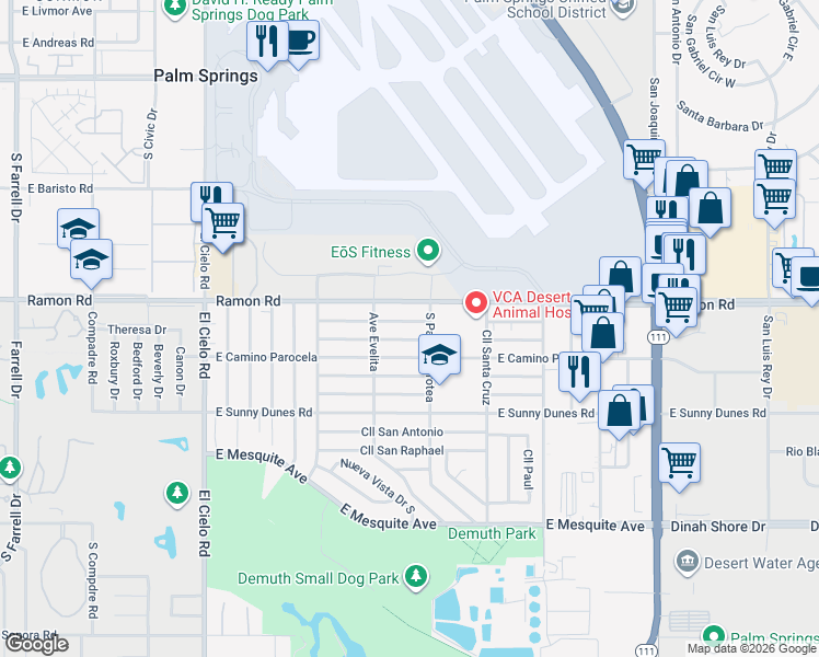 map of restaurants, bars, coffee shops, grocery stores, and more near Calle De Ricardo in Palm Springs