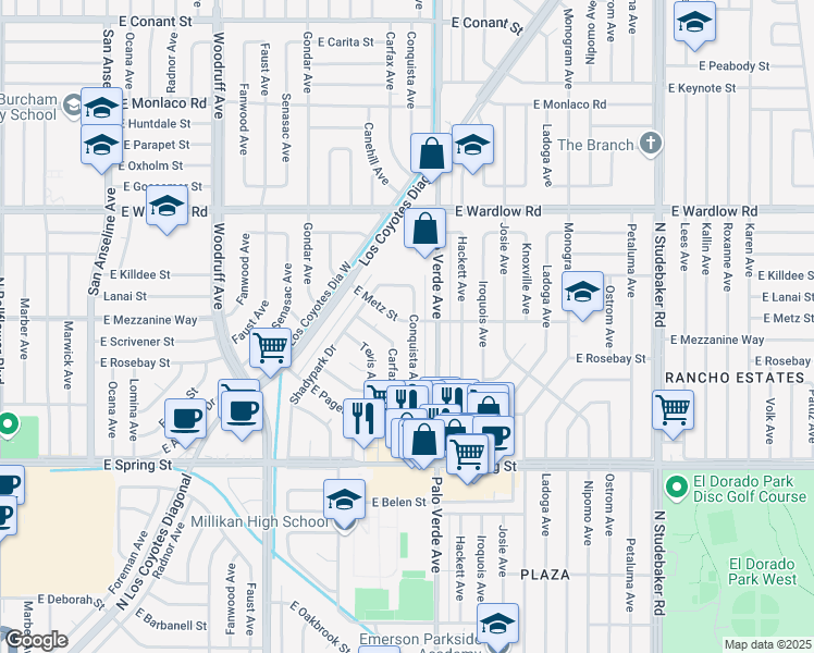 map of restaurants, bars, coffee shops, grocery stores, and more near 3161 Conquista Avenue in Long Beach