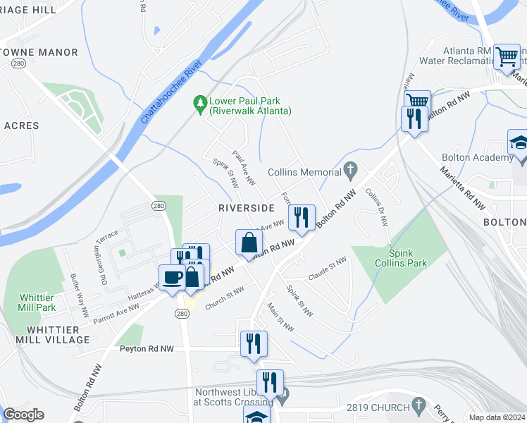 map of restaurants, bars, coffee shops, grocery stores, and more near 2540 Edwards Drive Northwest in Atlanta
