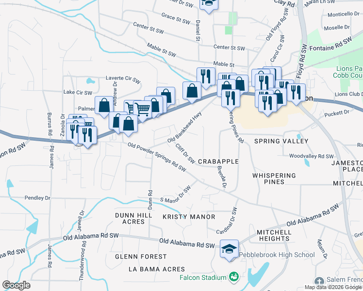 map of restaurants, bars, coffee shops, grocery stores, and more near 1116 Cliff Drive Southwest in Mableton
