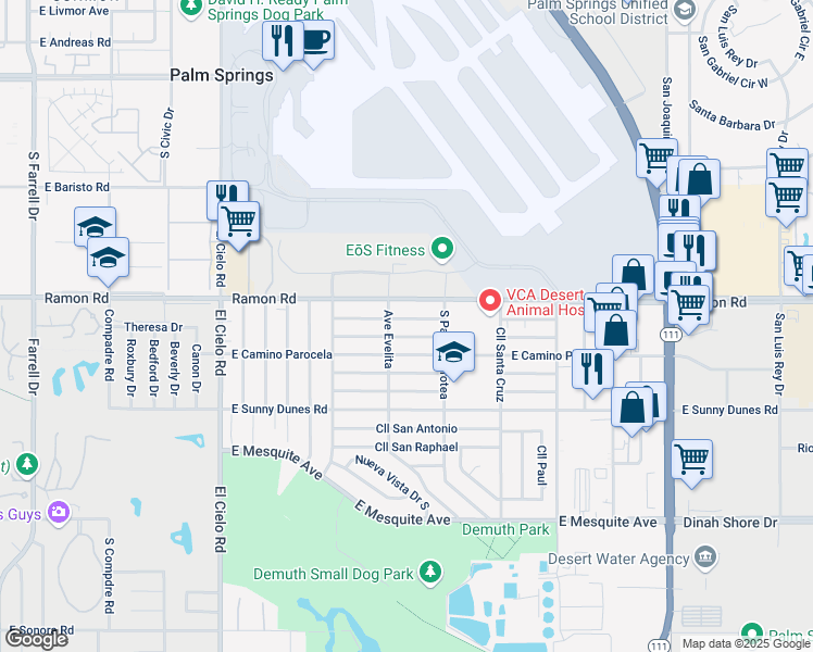 map of restaurants, bars, coffee shops, grocery stores, and more near 3965 East Calle De Carlos in Palm Springs