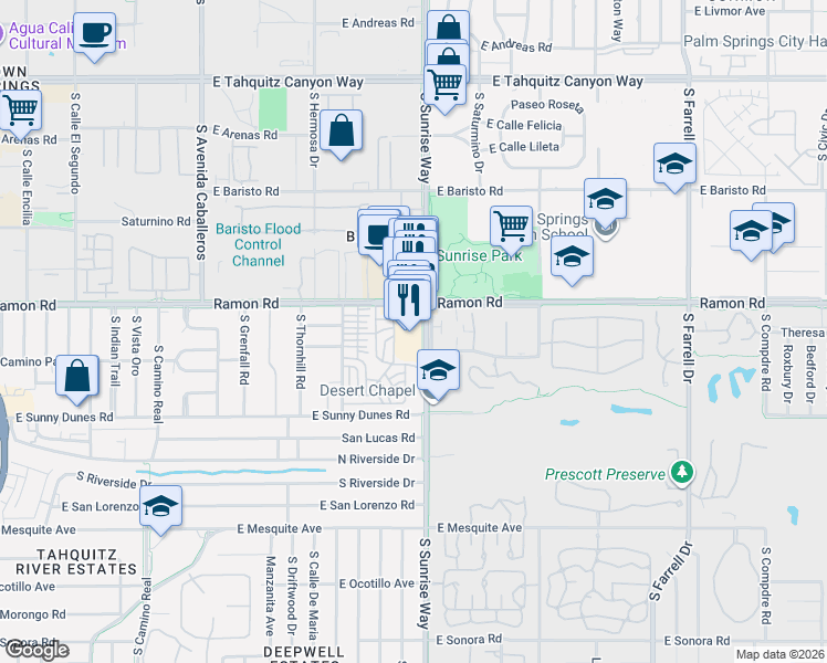 map of restaurants, bars, coffee shops, grocery stores, and more near 555 South Sunrise Way in Palm Springs