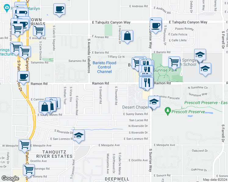 map of restaurants, bars, coffee shops, grocery stores, and more near 595 South Thornhill Road in Palm Springs