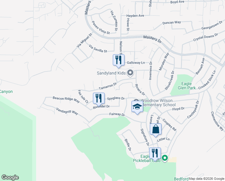 map of restaurants, bars, coffee shops, grocery stores, and more near 1675 Spyglass Drive in Corona