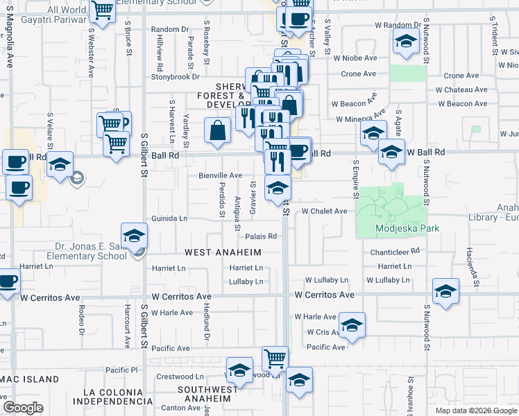 map of restaurants, bars, coffee shops, grocery stores, and more near 9931 Guinida Lane in Anaheim