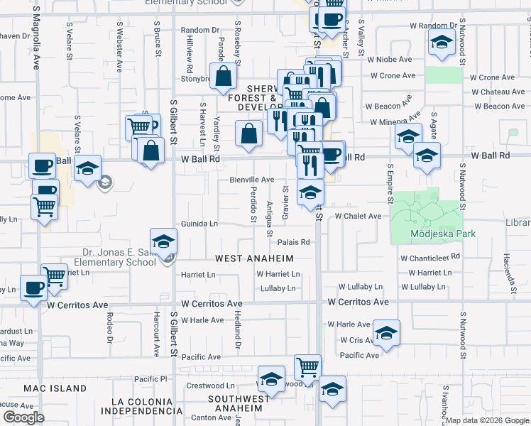 map of restaurants, bars, coffee shops, grocery stores, and more near 10212 Antigua Street in Anaheim