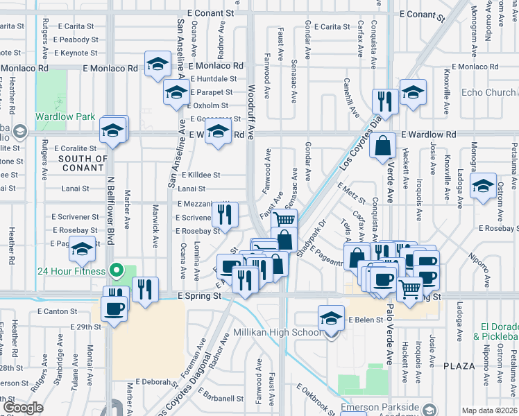 map of restaurants, bars, coffee shops, grocery stores, and more near 3162 Woodruff Avenue in Long Beach
