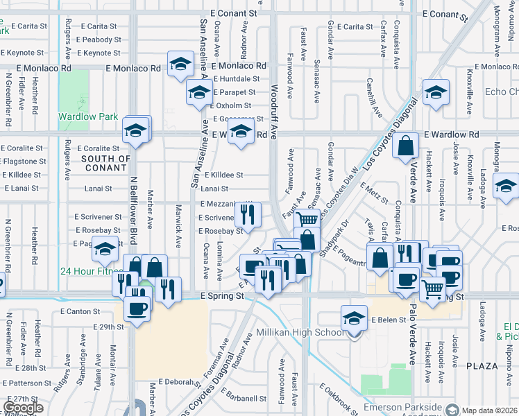 map of restaurants, bars, coffee shops, grocery stores, and more near 5853 East Scrivener Street in Long Beach