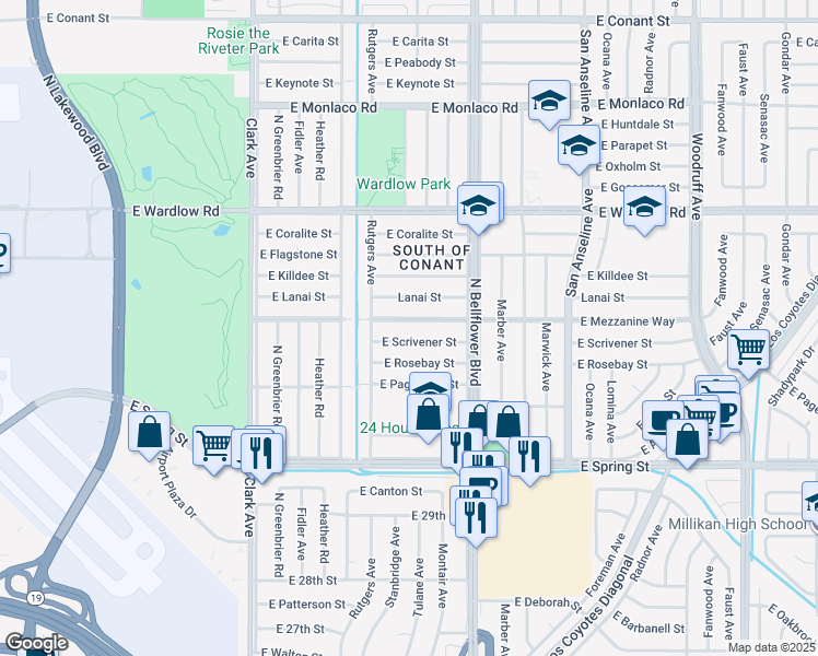 map of restaurants, bars, coffee shops, grocery stores, and more near 5331 East Scrivener Street in Long Beach
