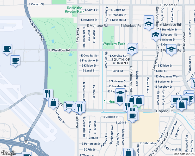 map of restaurants, bars, coffee shops, grocery stores, and more near 3150 Heather Road in Long Beach