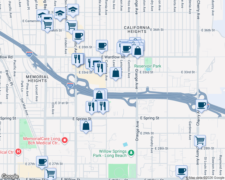 map of restaurants, bars, coffee shops, grocery stores, and more near 1000 East 32nd Street in Signal Hill