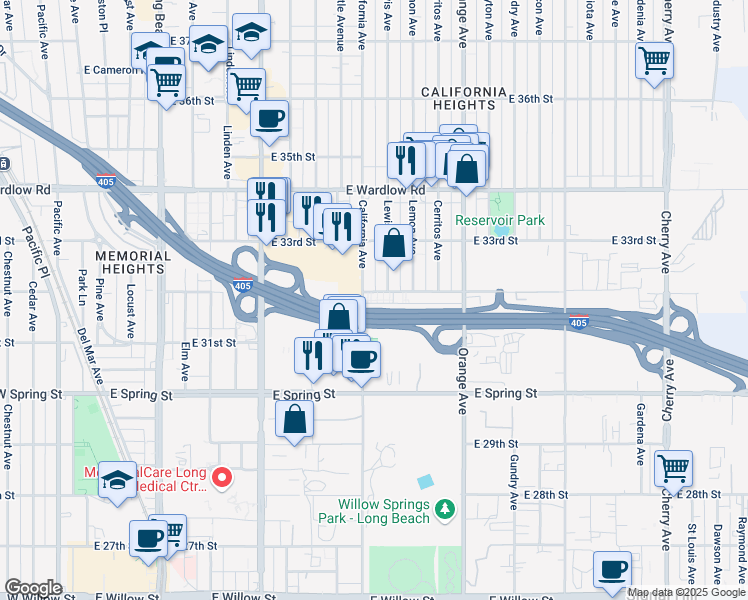 map of restaurants, bars, coffee shops, grocery stores, and more near 1000 East 32nd Street in Signal Hill