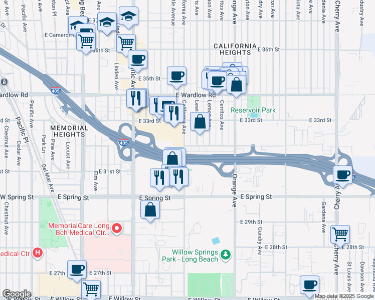 map of restaurants, bars, coffee shops, grocery stores, and more near 1000 East 32nd Street in Signal Hill