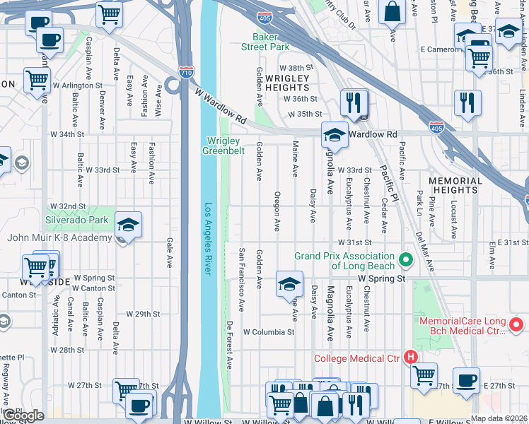 map of restaurants, bars, coffee shops, grocery stores, and more near 3153 Oregon Avenue in Long Beach