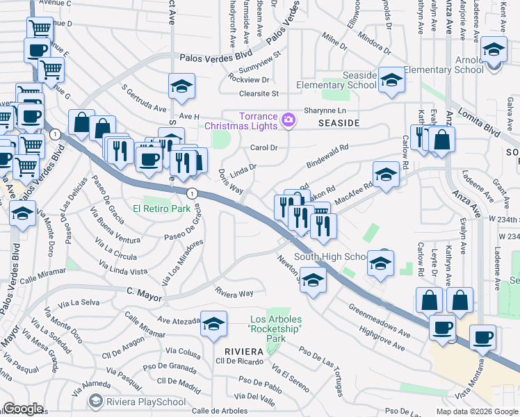 map of restaurants, bars, coffee shops, grocery stores, and more near 5312 Doris Way in Torrance