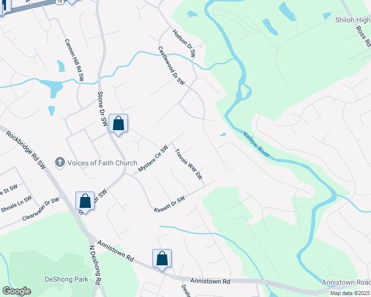 map of restaurants, bars, coffee shops, grocery stores, and more near 4844 Mystere Lane Southwest in Lilburn