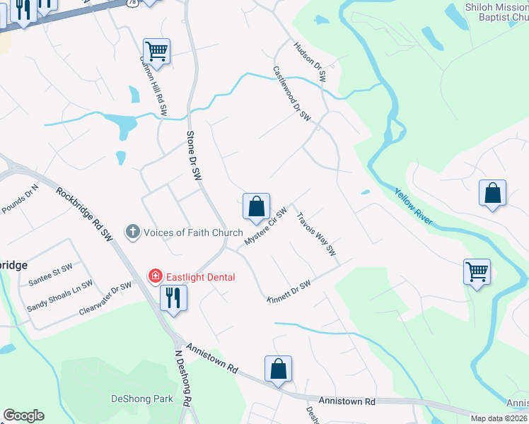 map of restaurants, bars, coffee shops, grocery stores, and more near 2547 Dakota Trail Southwest in Lilburn