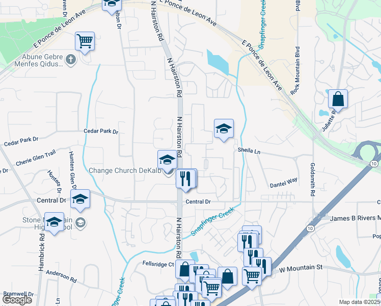 map of restaurants, bars, coffee shops, grocery stores, and more near 1235 North Hairston Road in Stone Mountain