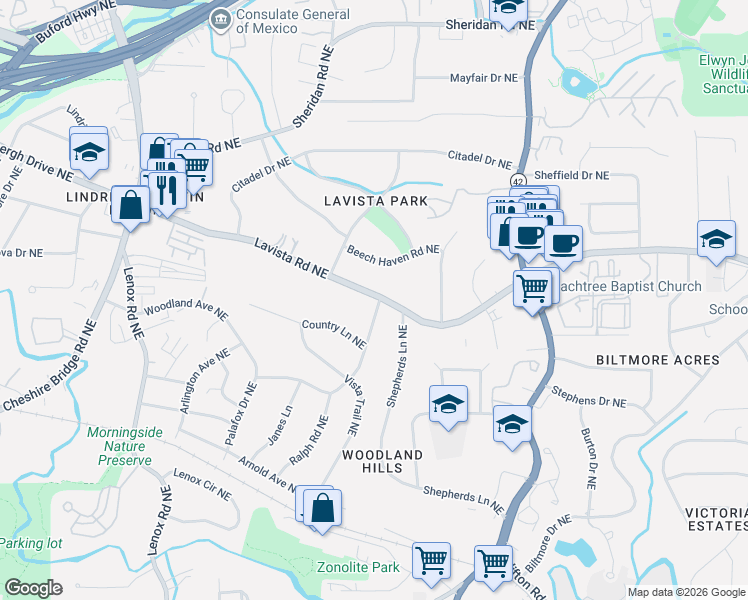 map of restaurants, bars, coffee shops, grocery stores, and more near 1444 Woodland Hills Drive Northeast in Atlanta